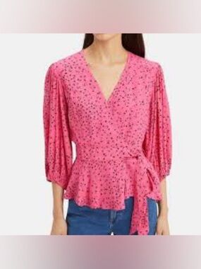 Gap Pink Floral Wrap Blouse Ganni-Inspired Puff Sleeve Top